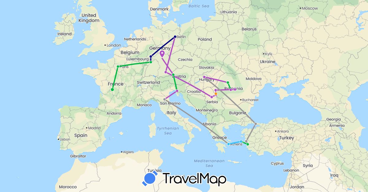 TravelMap itinerary: driving, bus, plane, train, boat, hitchhiking in Austria, Germany, France, Greece, Hungary, Italy, Romania, Serbia, Turkey (Asia, Europe)